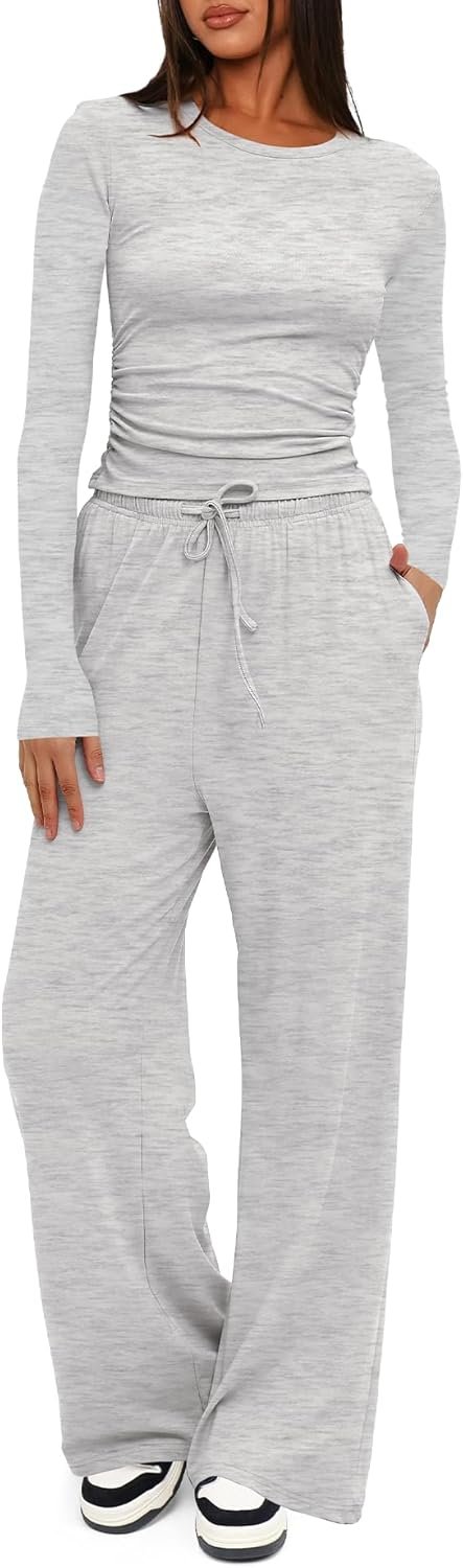 Darong Women’s 2 Piece Outfits Lounge Sets 2025 Fall Long Sleeve Tops Wide Leg Pants Casual Matching Set