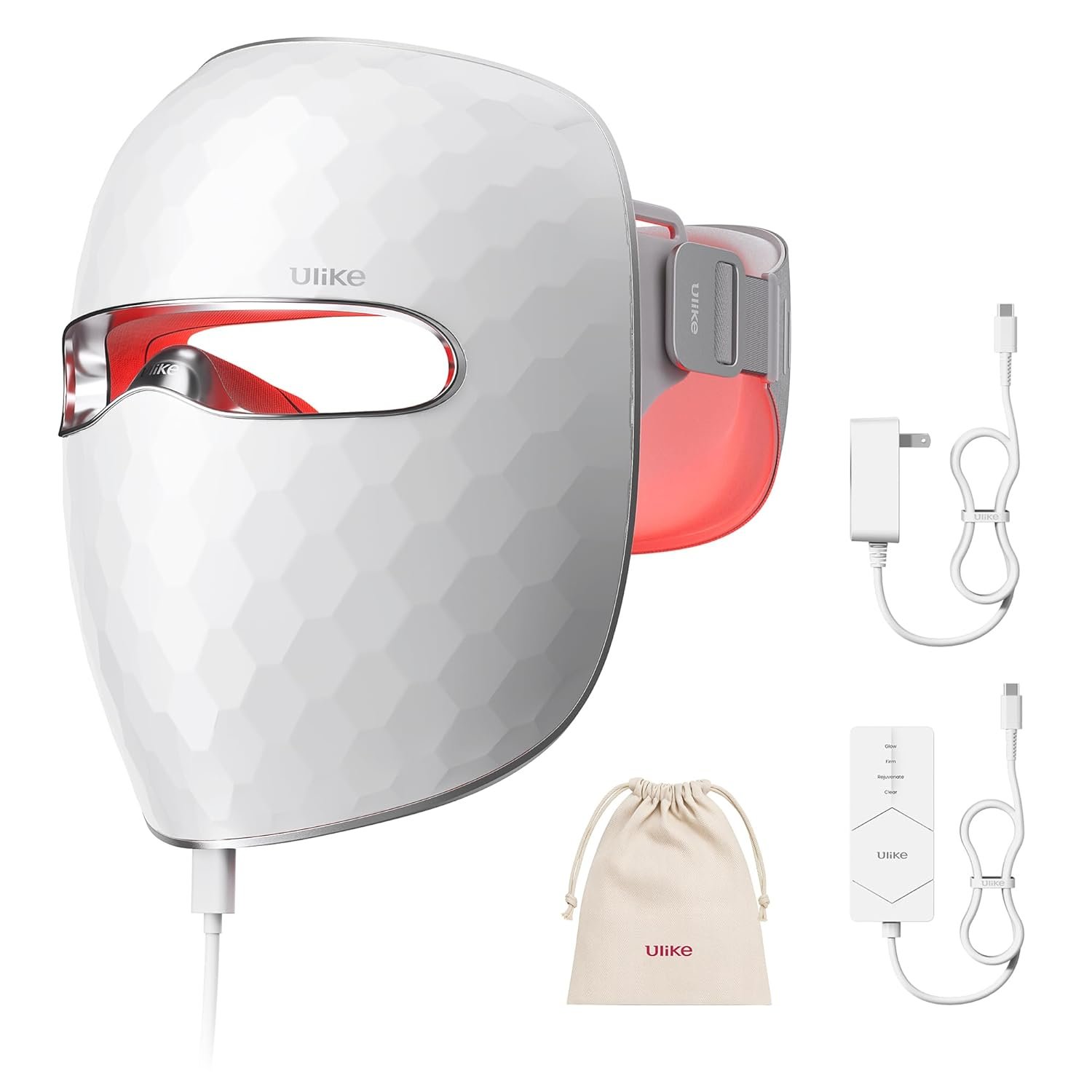 Ulike ReGlow LED Light Therapy Mask, Red Light Therapy for Face, 4 Modes with Red, Blue, Yellow & Infrared Lights for Reduce Acne & Anti-Aging, Eye-Protection, 272 Beads, Remote Control,White