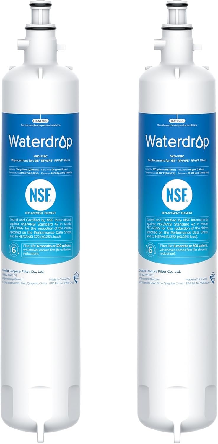 Waterdrop Replacement for GE® RPWFE®, RPWF (Built-in CHIP) Refrigerator Water Filter, Compatible with GFE28GYNFS, GFE28GELDS, PFE28KELDS, PFE28KYNFS, GFD28GELDS, PWE23KELDS, 2 Filters
