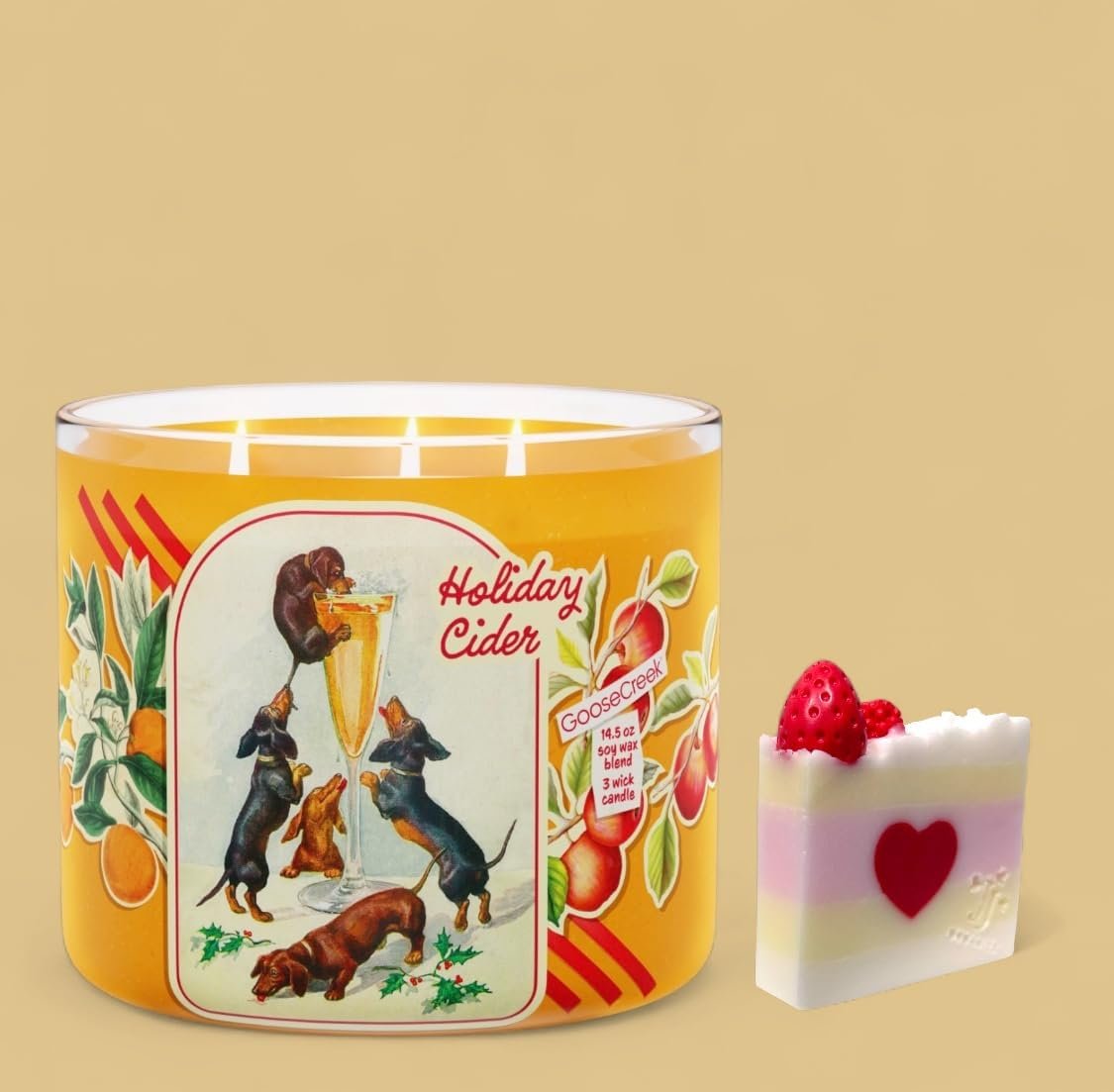 Goose&Creek Holiday Cider 3-Wick Candle, 14.5 oz Soy Wax Blend, Festive Apples Mulling Spices and Pomander (Handcrafted Strawberry Shortcake soap as a Gift with Your Purchase.)