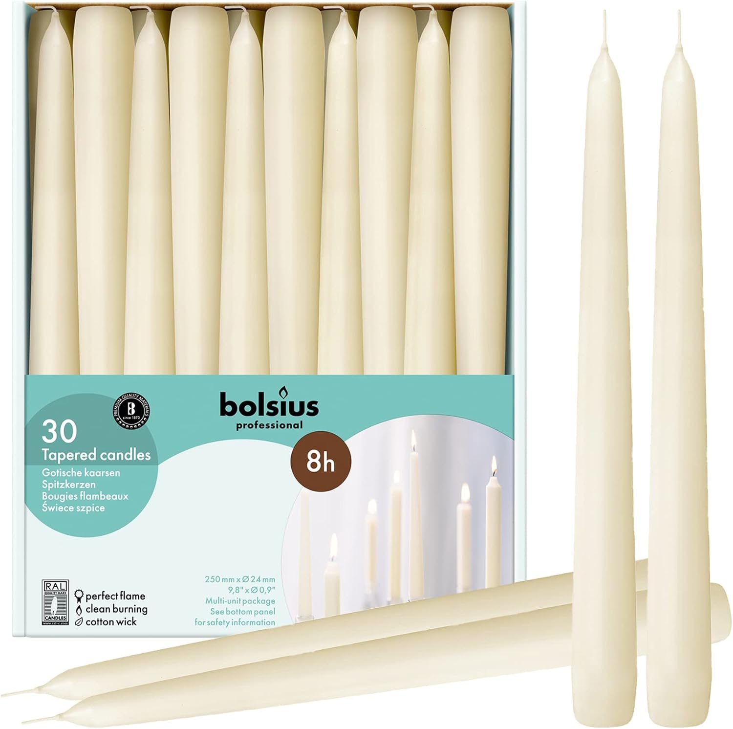 BOLSIUS 30 Count Household Ivory Taper Candles – 10 Inches – Premium European Quality – 8 Burn Hours – Bulk Pack Unscented Dripless and Smokeless Home Décor, Restaurant, Wedding, & Party Candlesticks