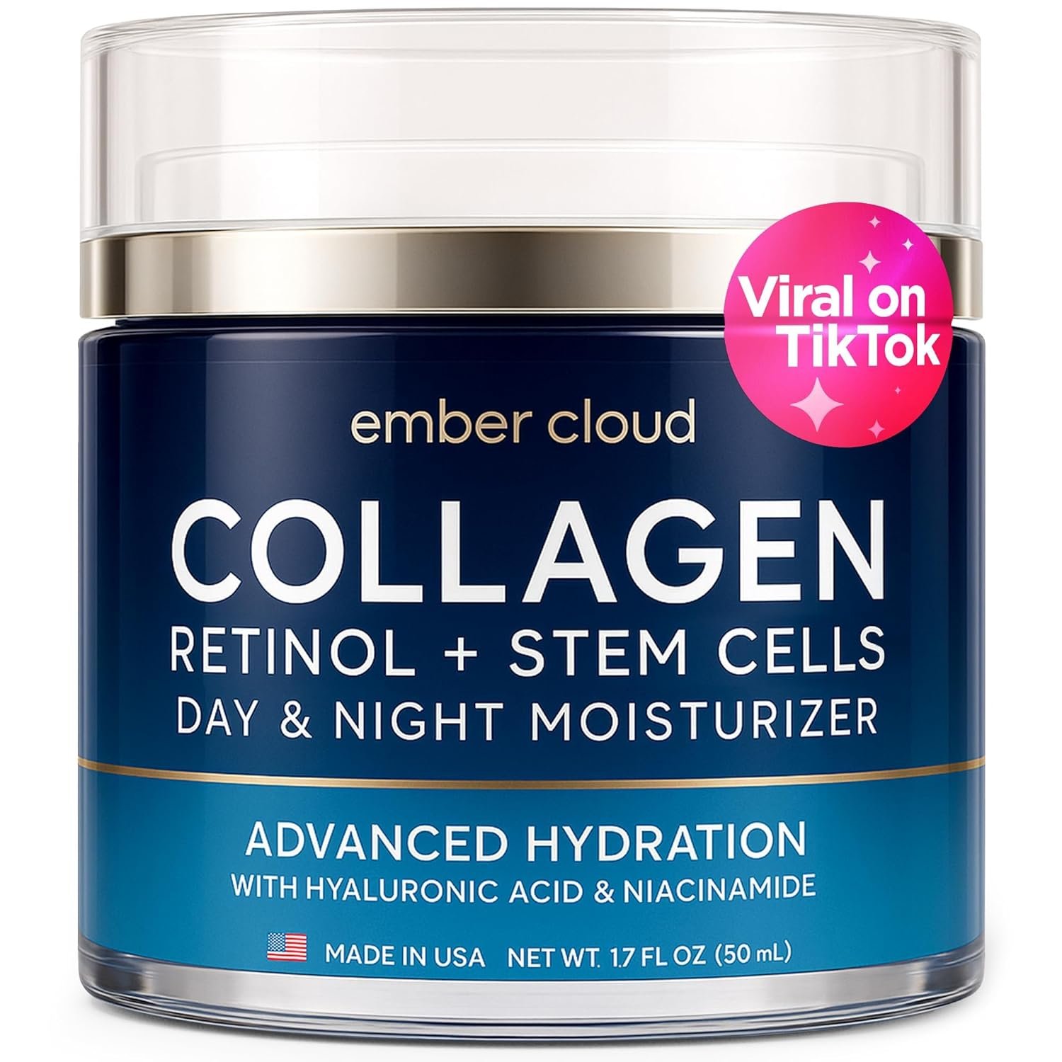 Collagen Face Cream with Stem Cells Retinol Hyaluronic Acid Niacinamide for All Skin Types – Anti-Aging Face Moisturizer with Airless Pump – Day & Night Cream for Wrinkles – Made in USA 1.7 Oz