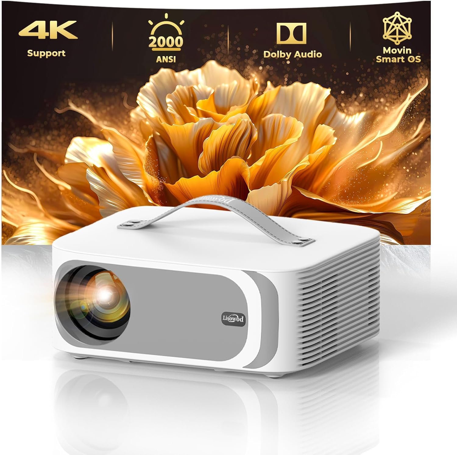 [AI Movin 2.0 OS/2000 ANSI/Official-Apps] Outdoor-Projector-4k with WiFi and Bluetooth, 35W DoIby Audio, AI Auto Focus with HDR10+, Lisowod 4k Support Portable Smart Proyector Compatible with Netflix