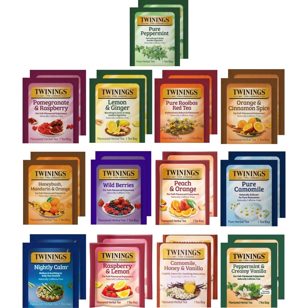 Twinings Herbal Tea Variety Pack – 26 Individually Wrapped Herbal Tea Bags Variety Pack Sampler, 13 Flavors, Caffeine Free (1 Count (Pack of 26))