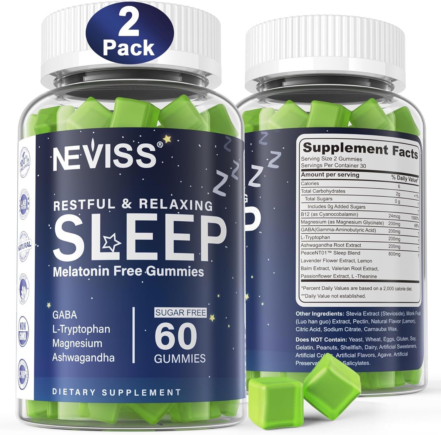 NEVISS Melatonin Free Sleep Aid Gummies for Adults – Magnesium Glycinate Gummies | GABA, L-Tryptophan, Magnesium, Ashwagandha – Non-Habit Forming, Help for Deep Relaxation – Vegan, Lemon Flavor, 2Pack