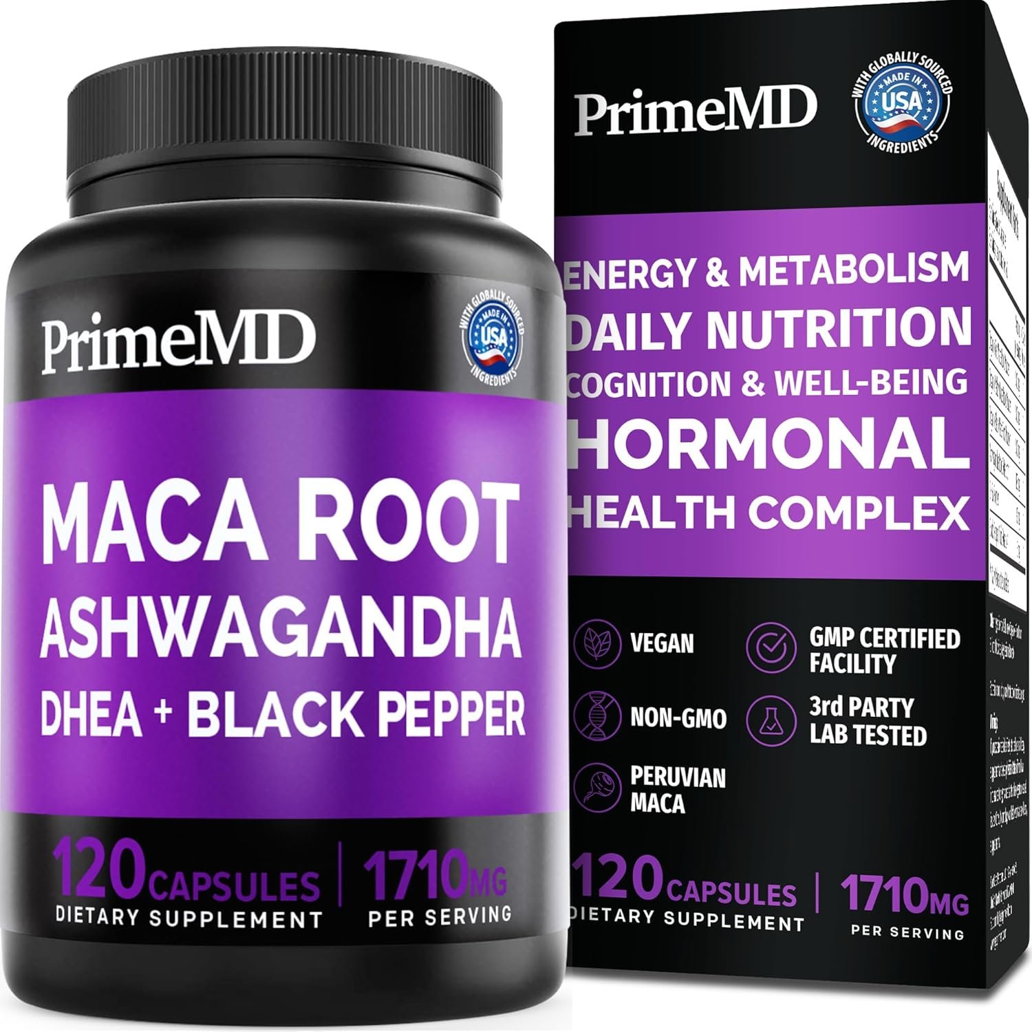 6-in-1 Organic Maca Root Ashwagandha Capsules 1710mg with DHEA and Black Pepper Fruit Extract for Women and Men – Black Maca Supplement for Stamina, Bone and Mood Support Supplement, 120 count