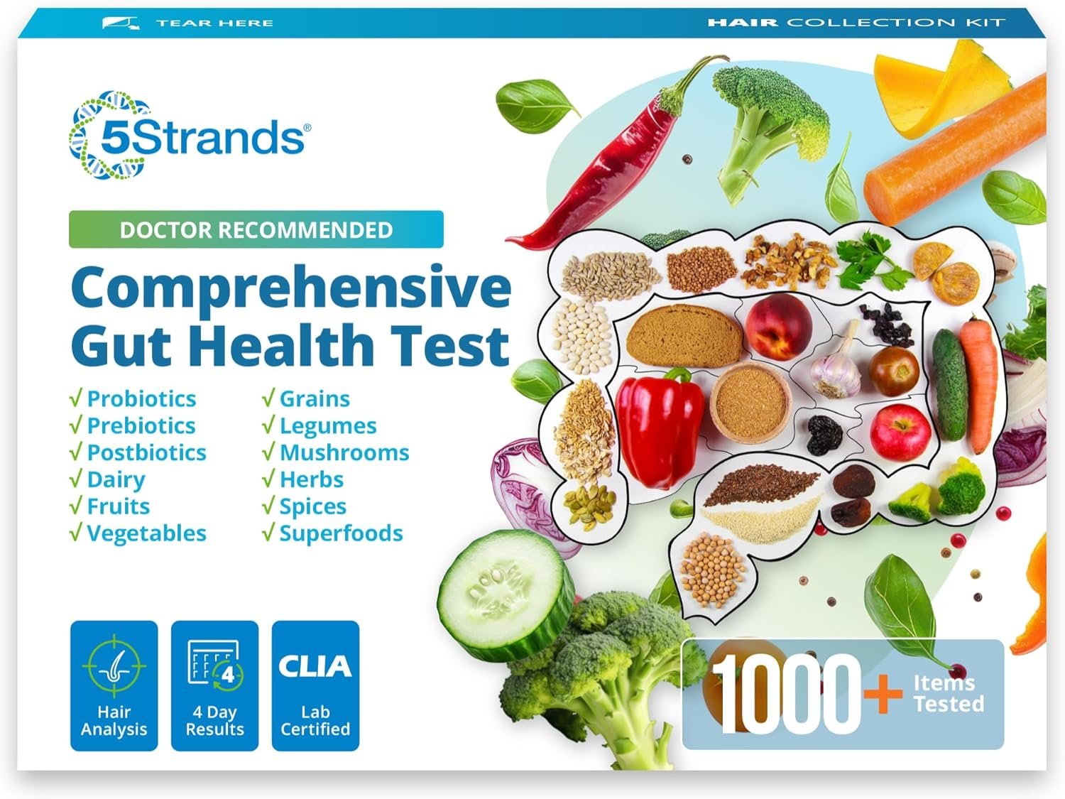 5Strands Comprehensive Gut Health Test for Adults & Kids, 1000+ Food Items Tested, Non-Invasive, at Home Hair Sample Screening for Food Intolerances, Results in 4 Days